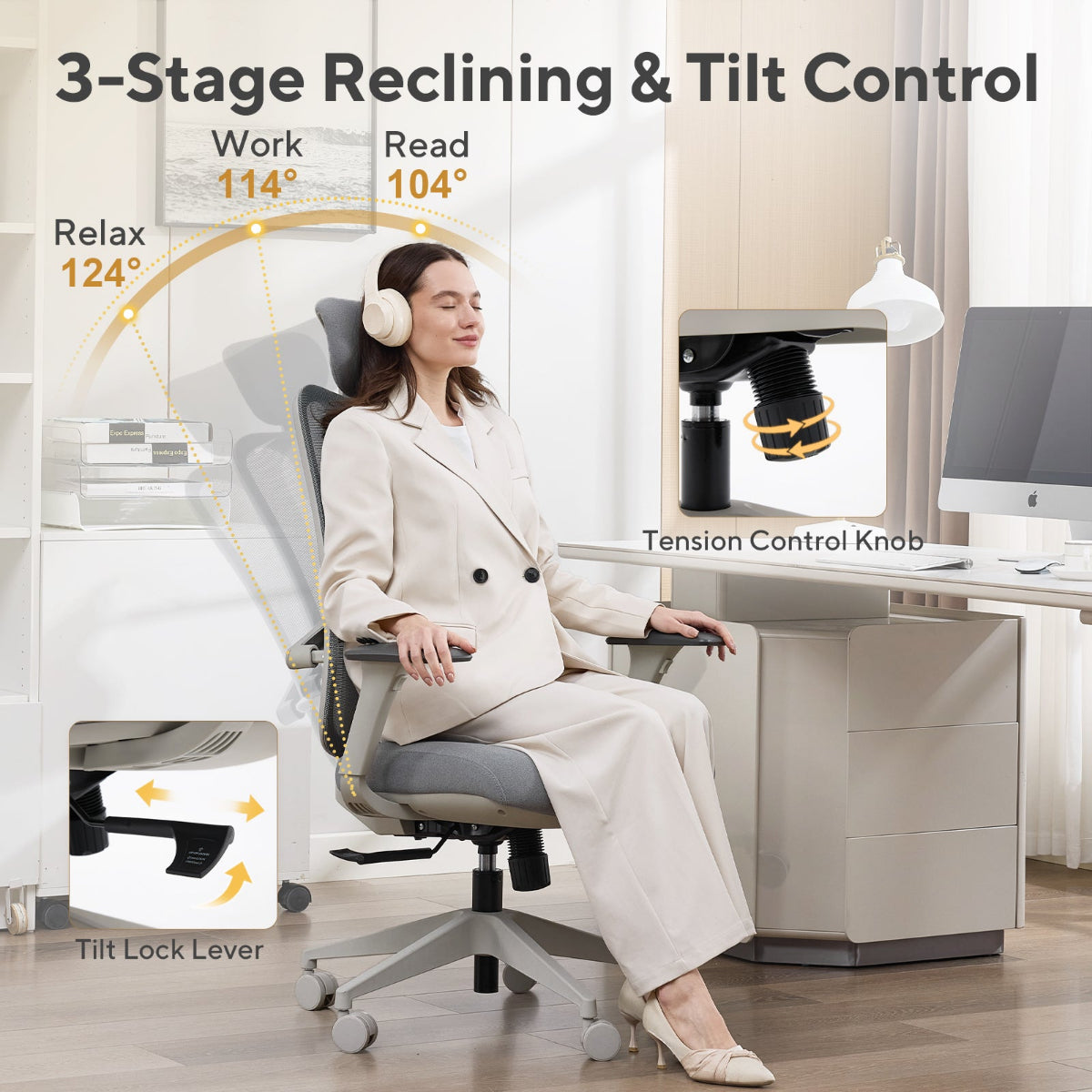 NHO-0024GR,Ergonomic office chair with 3-stage reclining and tilt control features, woman sitting in chair.