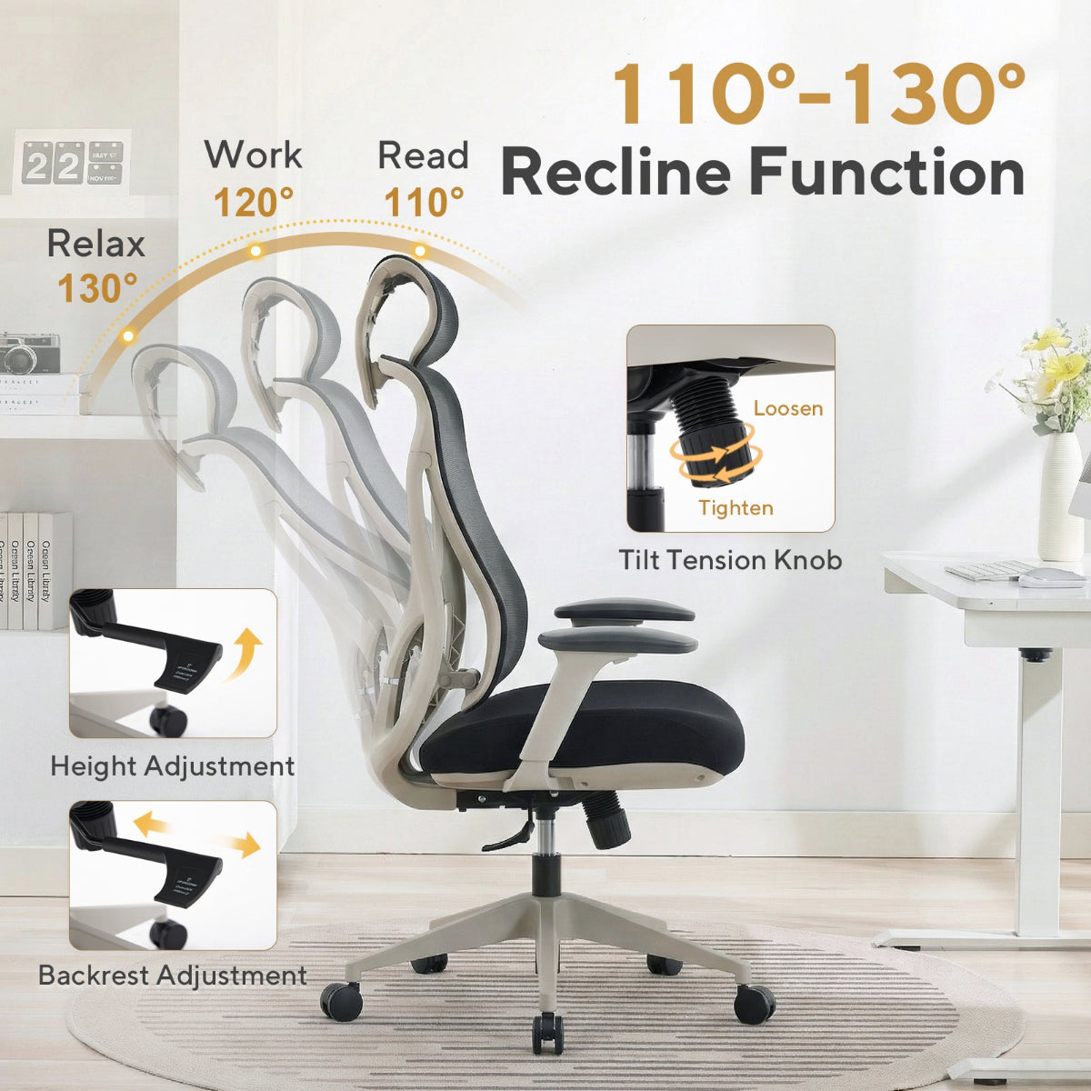 NHO-0026GR,Ergonomic office chair with recline and adjustment features in a home office setting.