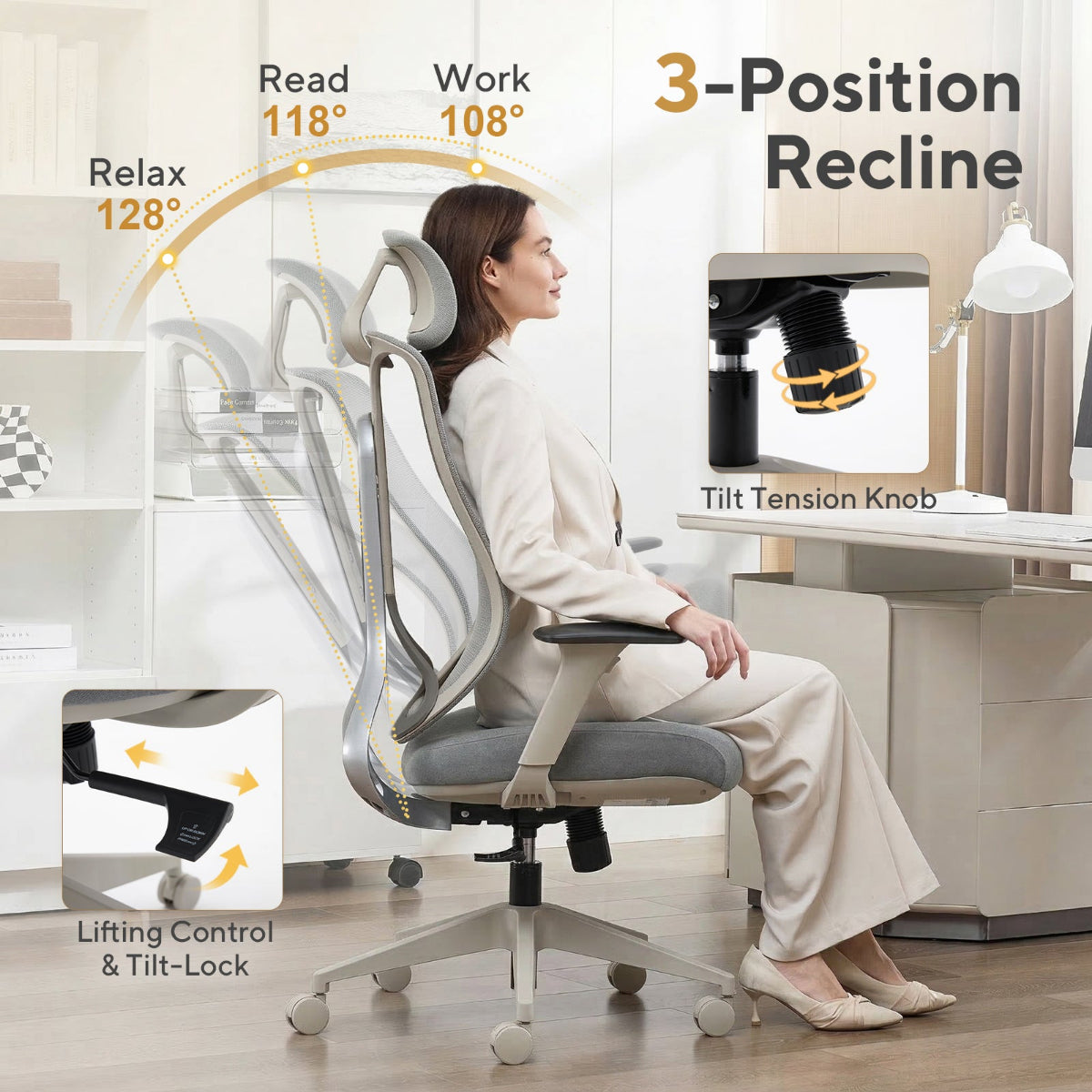 NHO-0025GR,Ergonomic office chair with 3-position recline feature, woman sitting in a modern office setting.