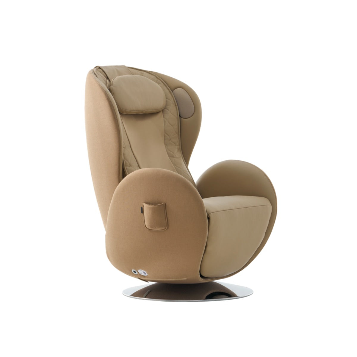 NR-SN100L-SD, a modern high-back swivel massage chair upholstered in beige fabric, shown from a three-quarter angle on a plain white background.