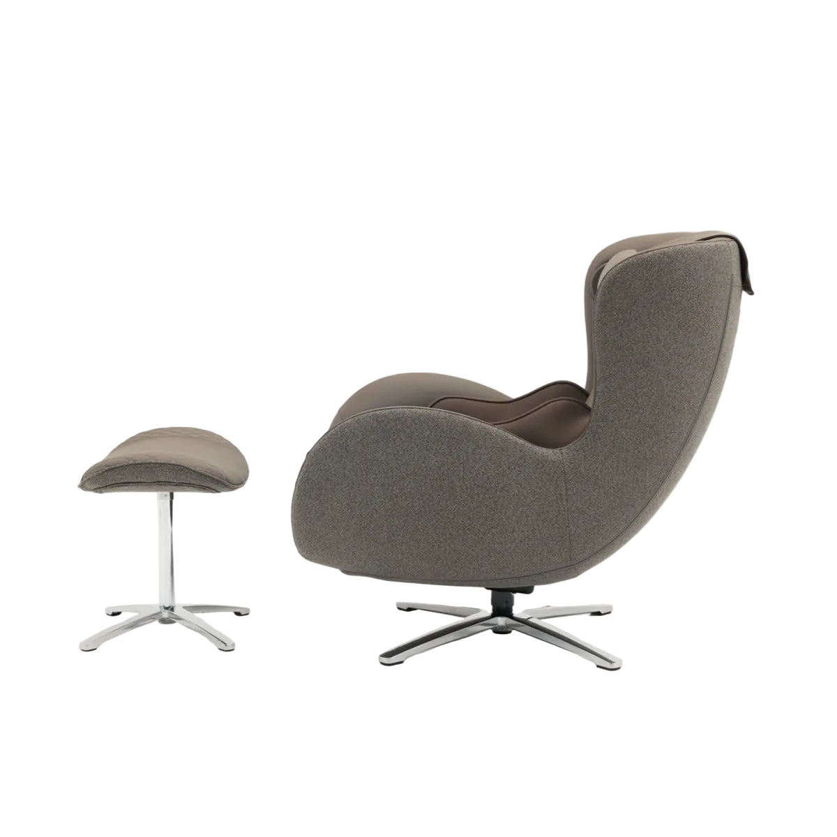 N-0003TB-V3, A modern egg-shaped lounge chair in textured taupe fabric with a matching ottoman and chrome star base, shown on a plain white background.