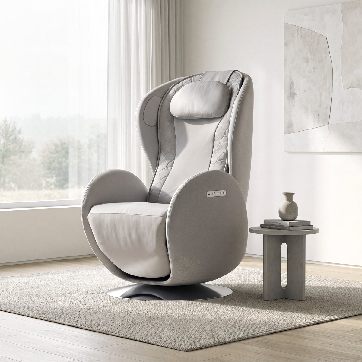 NR-SN100L-EW, Elder White ergonomic massage armchair in a bright, modern American living room during a sunny daylight saving time afternoon. The elegant off-white leather and fabric lounger rests on a neutral textured rug over light hardwood floors, featuring a circular metallic pedestal base. In the background, warm natural sunlight streams through a large window, illuminating a minimalist side table with a ceramic vase and an abstract wall painting.