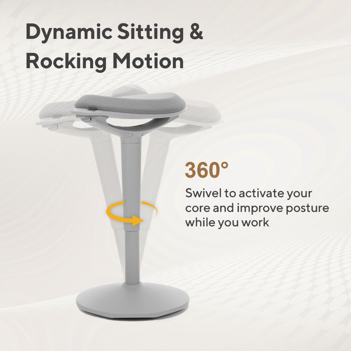 NH0-0019GR, infographic of a gray active stool highlighting its dynamic sitting and rocking motion, including 360° swivel to support core engagement and better posture.