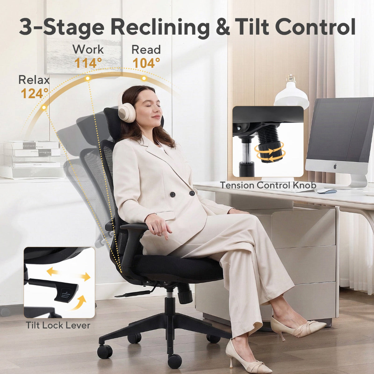NHO-0024BL,Ergonomic office chair with 3-stage reclining and tilt control features, shown in use by a person at a desk.