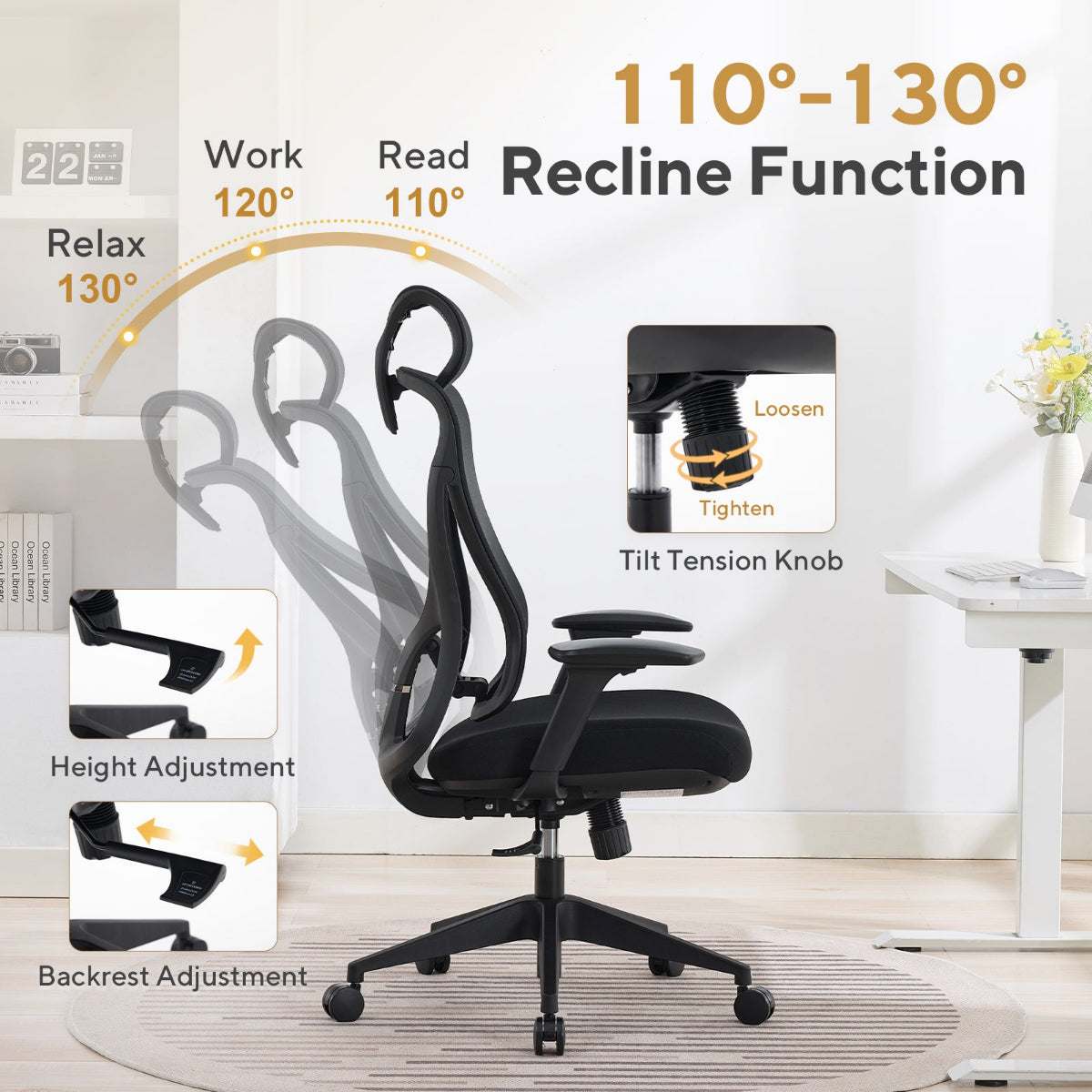 NHO-0026BL,Black office chair with recline function adjustments shown on a white background