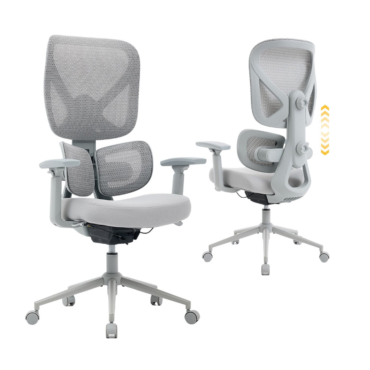 NH0-0023GR,Gray office chair with mesh back and adjustable armrests on a white background