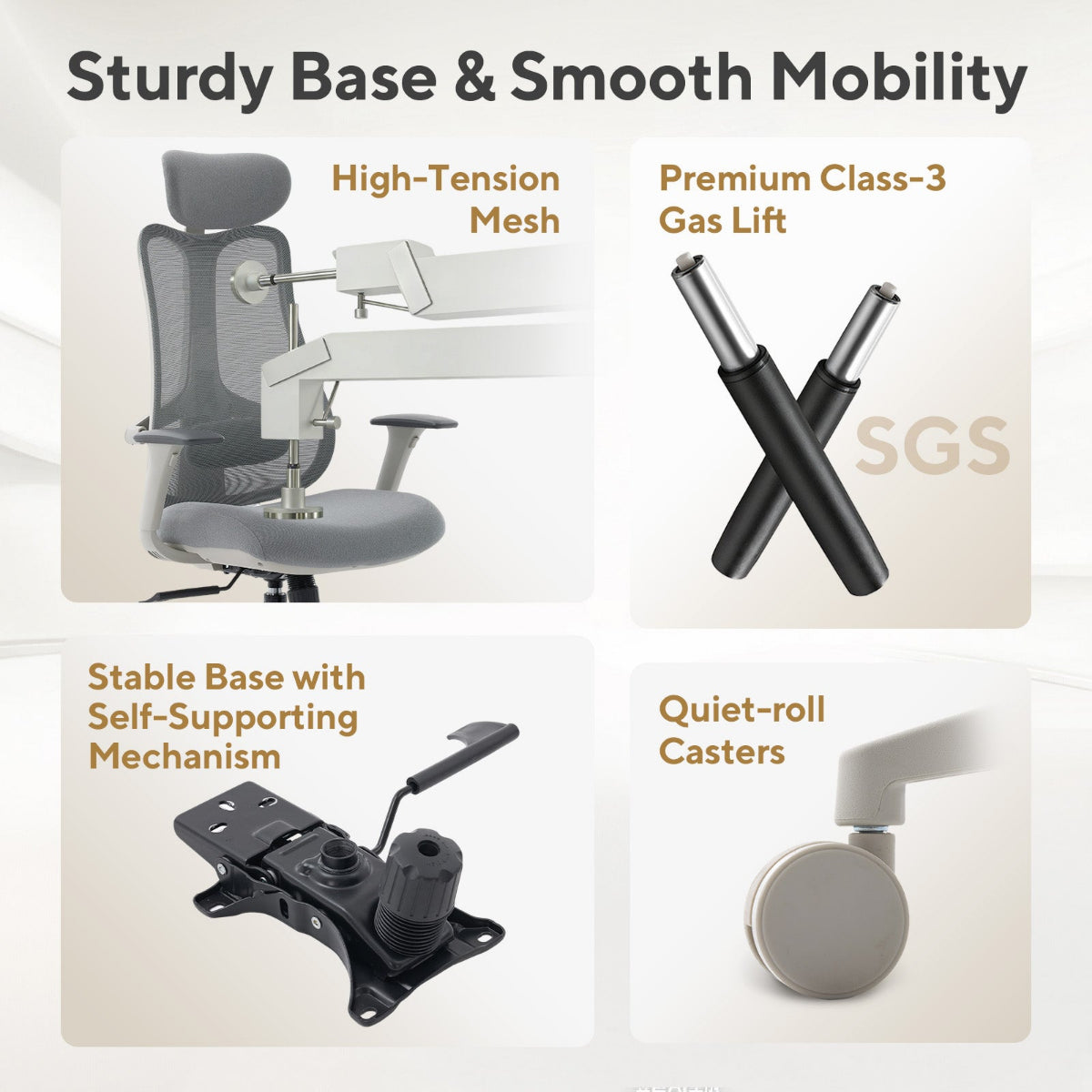 NHO-0024GR,Ergonomic chair with features highlighted on a beige background