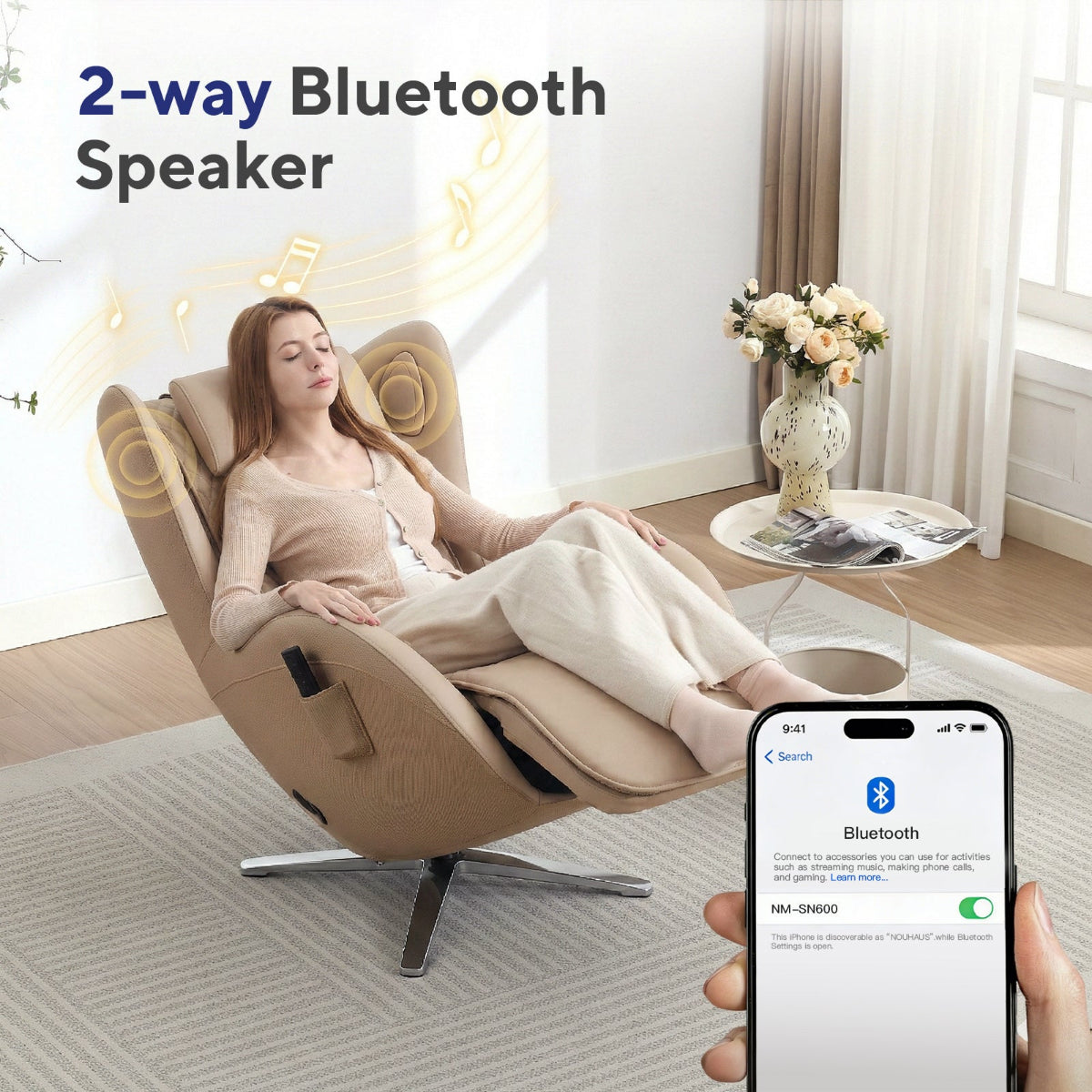 N-0006SD-V2,Woman relaxing in a massage chair with 2-way Bluetooth speaker, holding a phone showing Bluetooth connection.