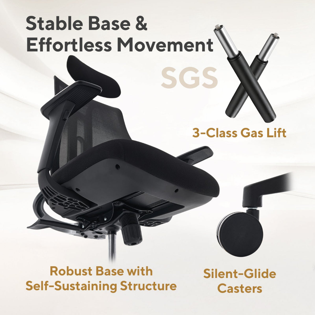 NHO-0025BL,Ergonomic chair with SGS branding and text highlighting features on a white background