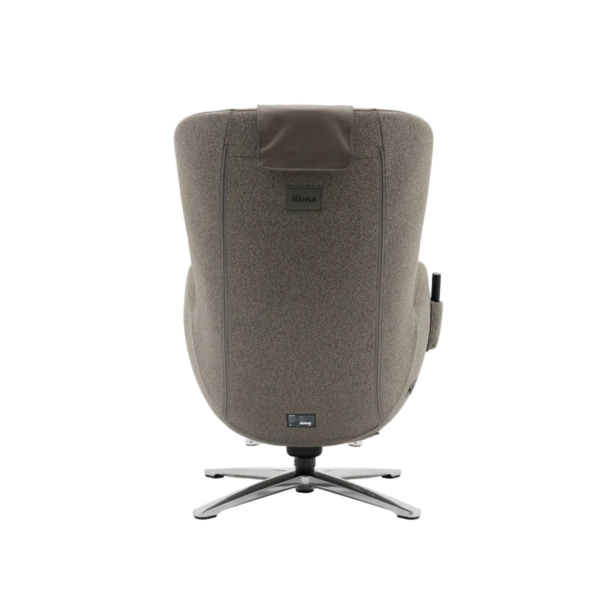 N-0003TB-V3, A high-back upholstered swivel chair shown from the rear, featuring a textured taupe fabric body, a darker taupe leatherette headrest, and a chrome five-star base against a plain white background.