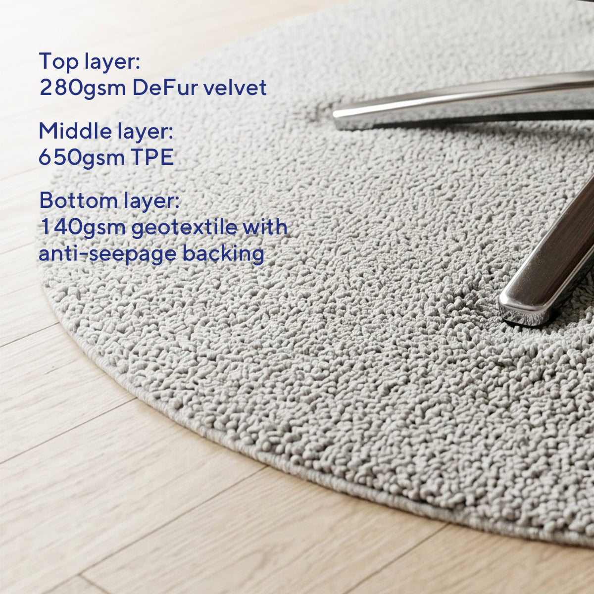 NA-OR148F-GR,Gray rug on a wooden floor with text detailing its layers.