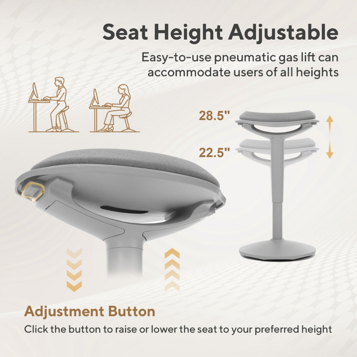 NH0-0019GR, infographic of a gray active stool highlighting its pneumatic height-adjustable feature, with a range of 22.5" to 28.5", an adjustment button, and suitability for users of all heights.