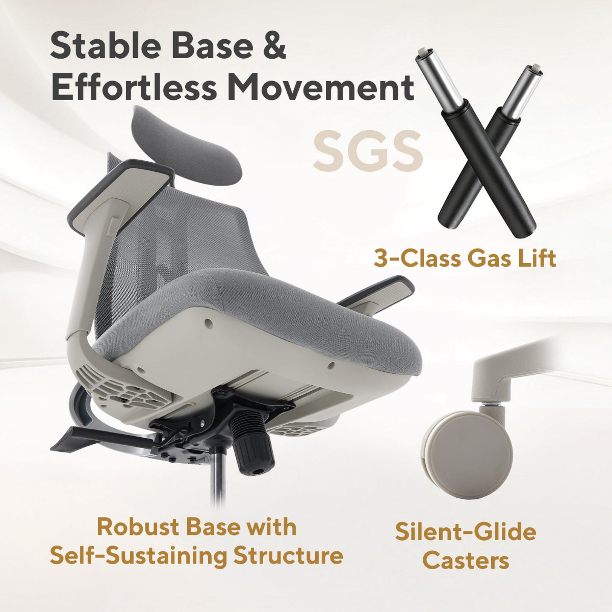 NHO-0025GR,Ergonomic chair with SGS logo and text highlighting features on a white background
