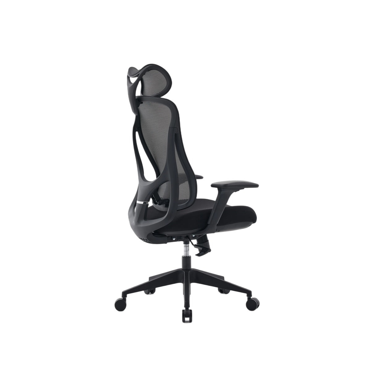 NHO-0026BL,Black office chair with mesh back on a white background