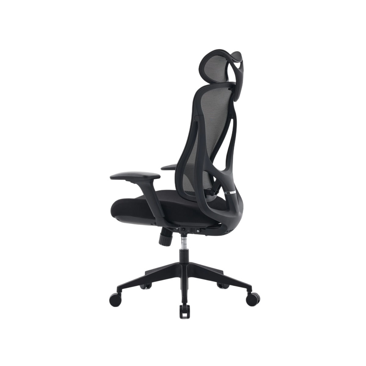 NHO-0026BL,Black office chair with mesh back on a white background