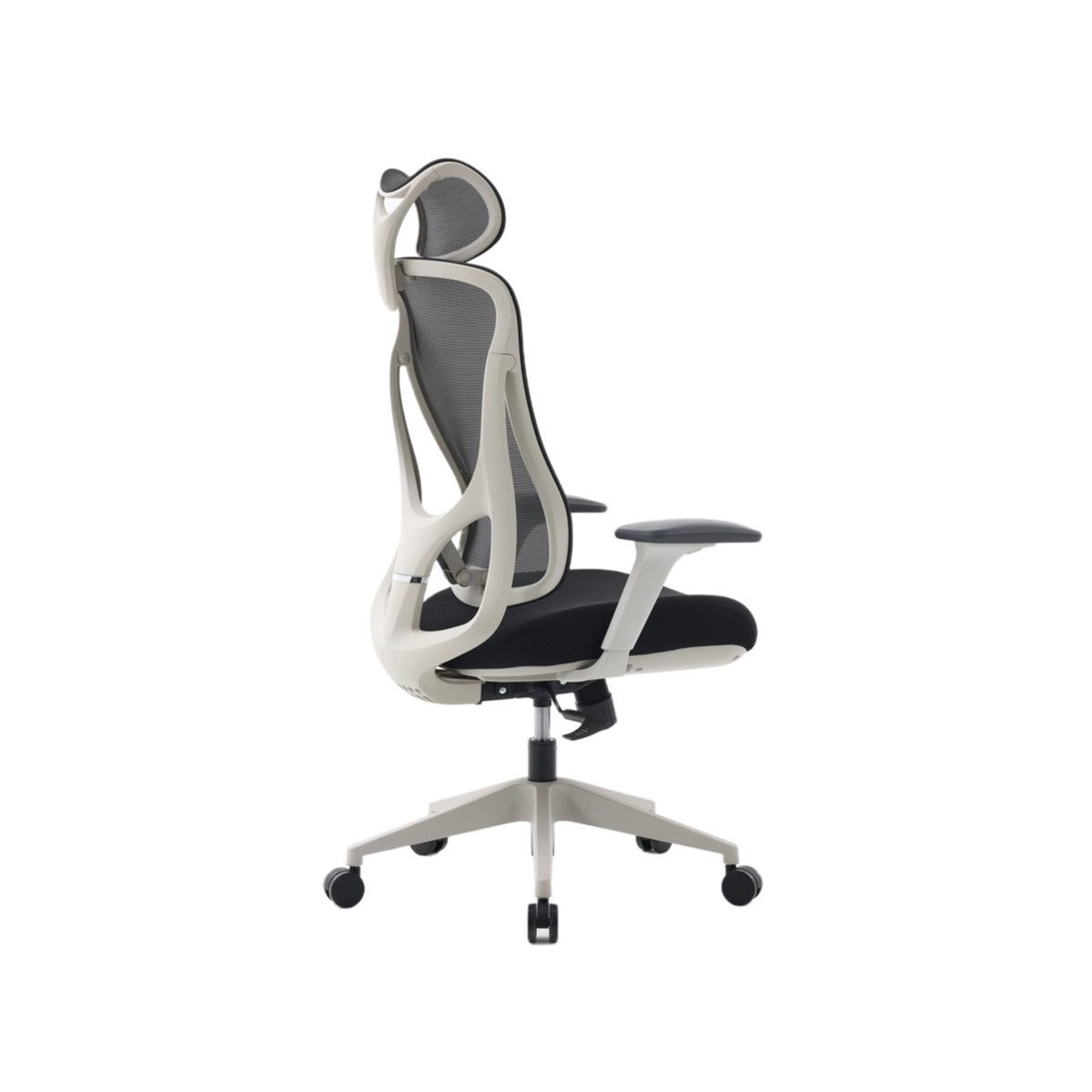NHO-0026GR,Ergonomic office chair with black mesh back and white frame on a white background