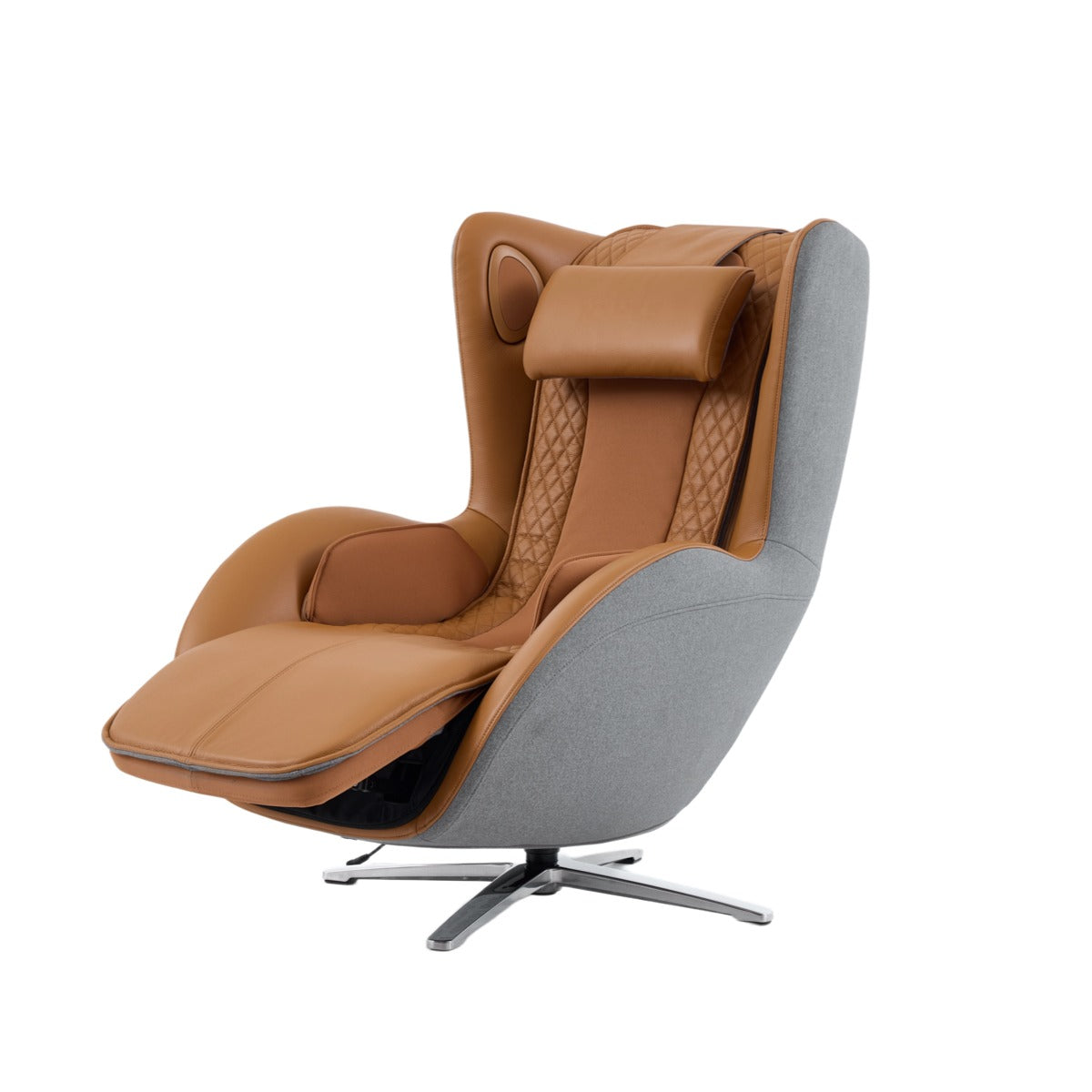 N-0006CM-V2,Modern chair with brown leather and gray fabric on a white background