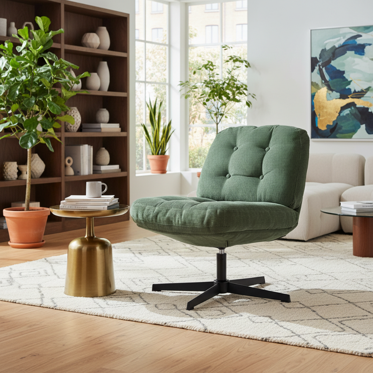 NHO-0016GE, Green armchair in a living room with a bookshelf, plants, and a painting.
