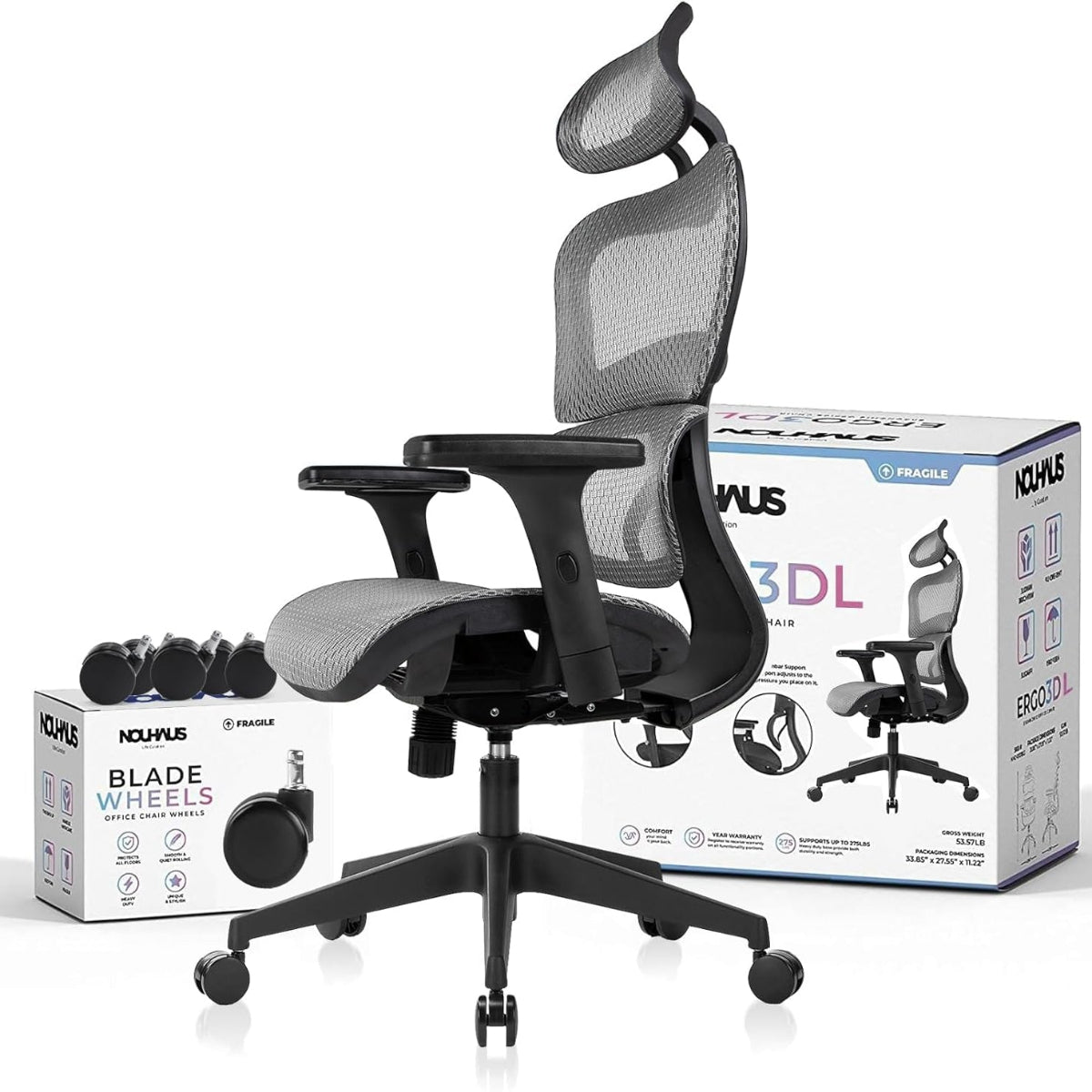 NHO-0001GR-L, Ergonomic office chair with adjustable headrest and lumbar support, surrounded by Nouhaus branded boxes on a white background.