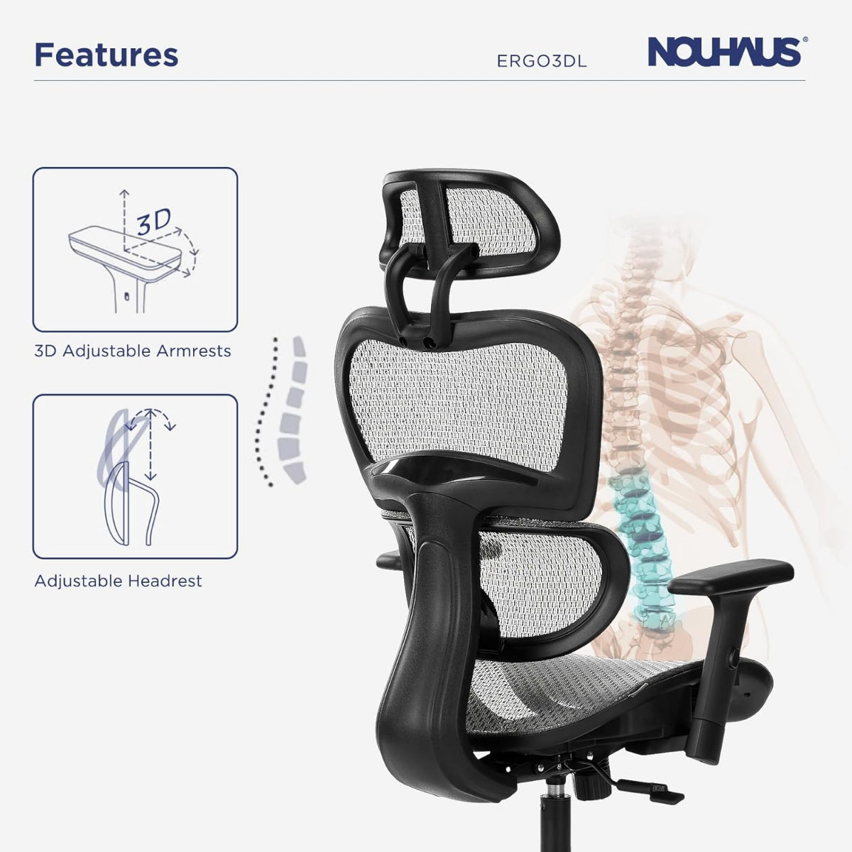 NHO-0001GR-L, Nouhaus ergonomic chair with adjustable armrests and headrest, featuring a skeleton illustration on a white background.