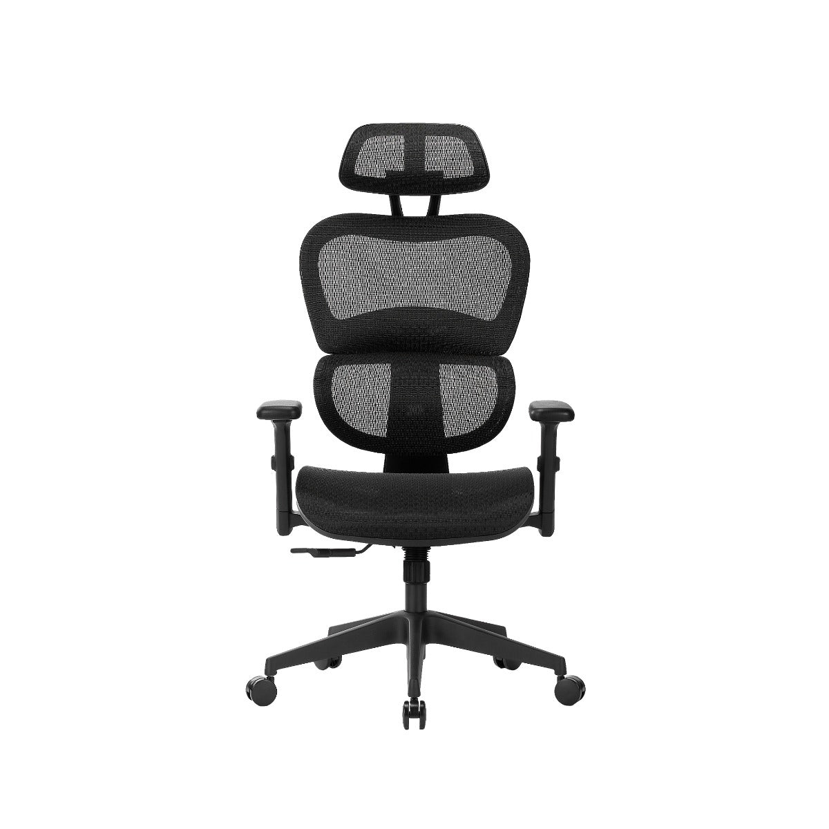 NHO-0001BL-L,Black ergonomic office chair with mesh back and headrest on a white background