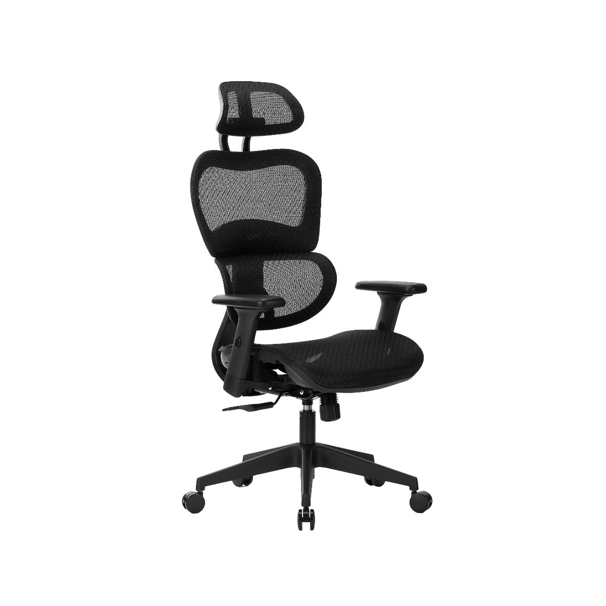 NHO-0001BL-L,Black office chair with mesh back and seat on a white background