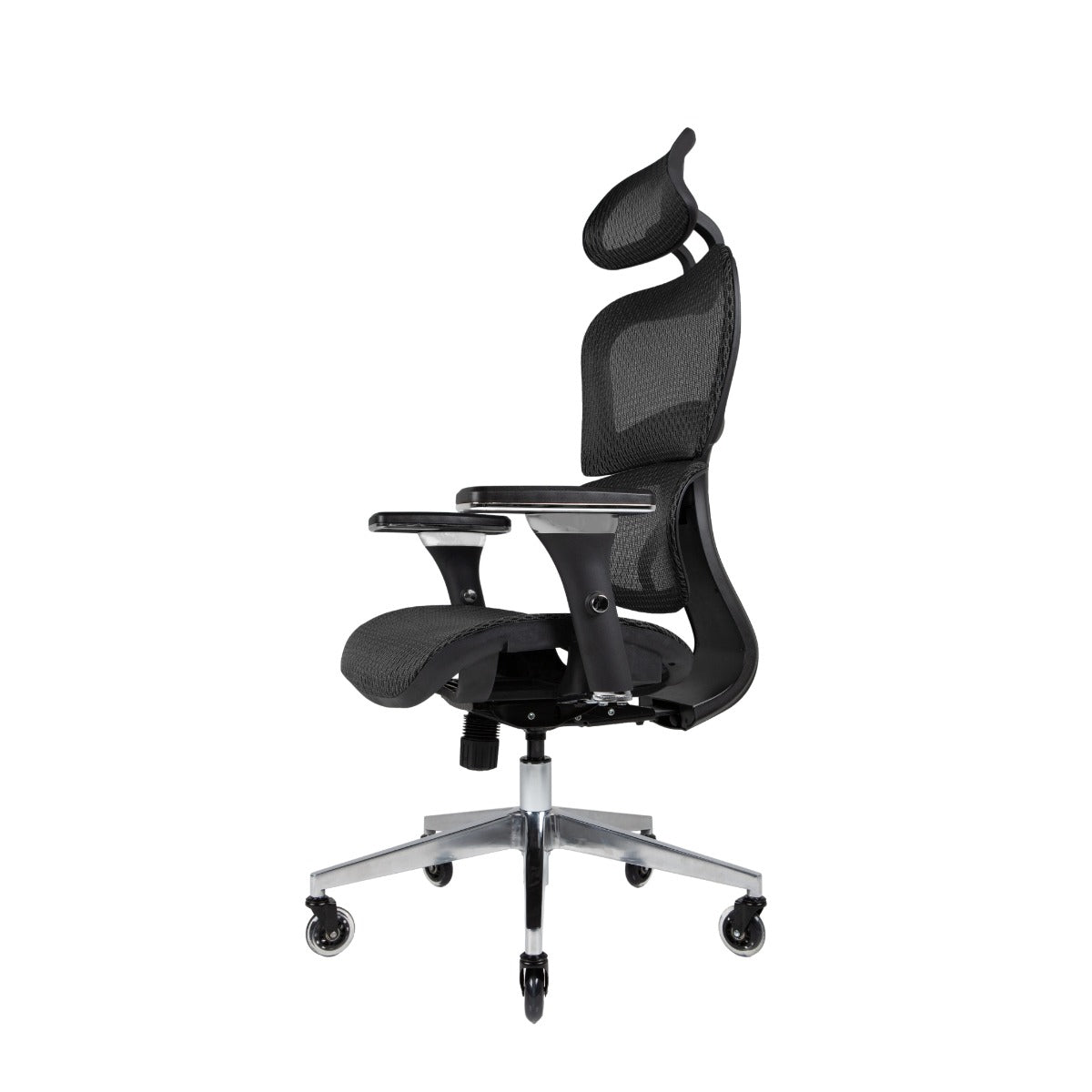 NHO-0001BL-V2, Black office chair with mesh backrest on a white background