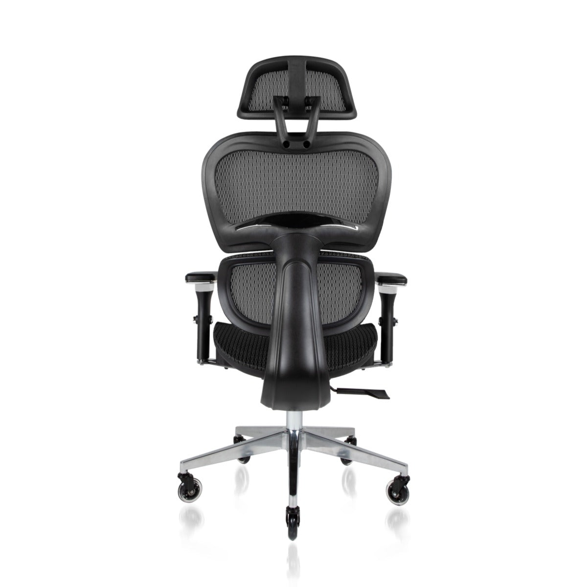 NHO-0001BL-V2, Black ergonomic office chair with headrest on a white background