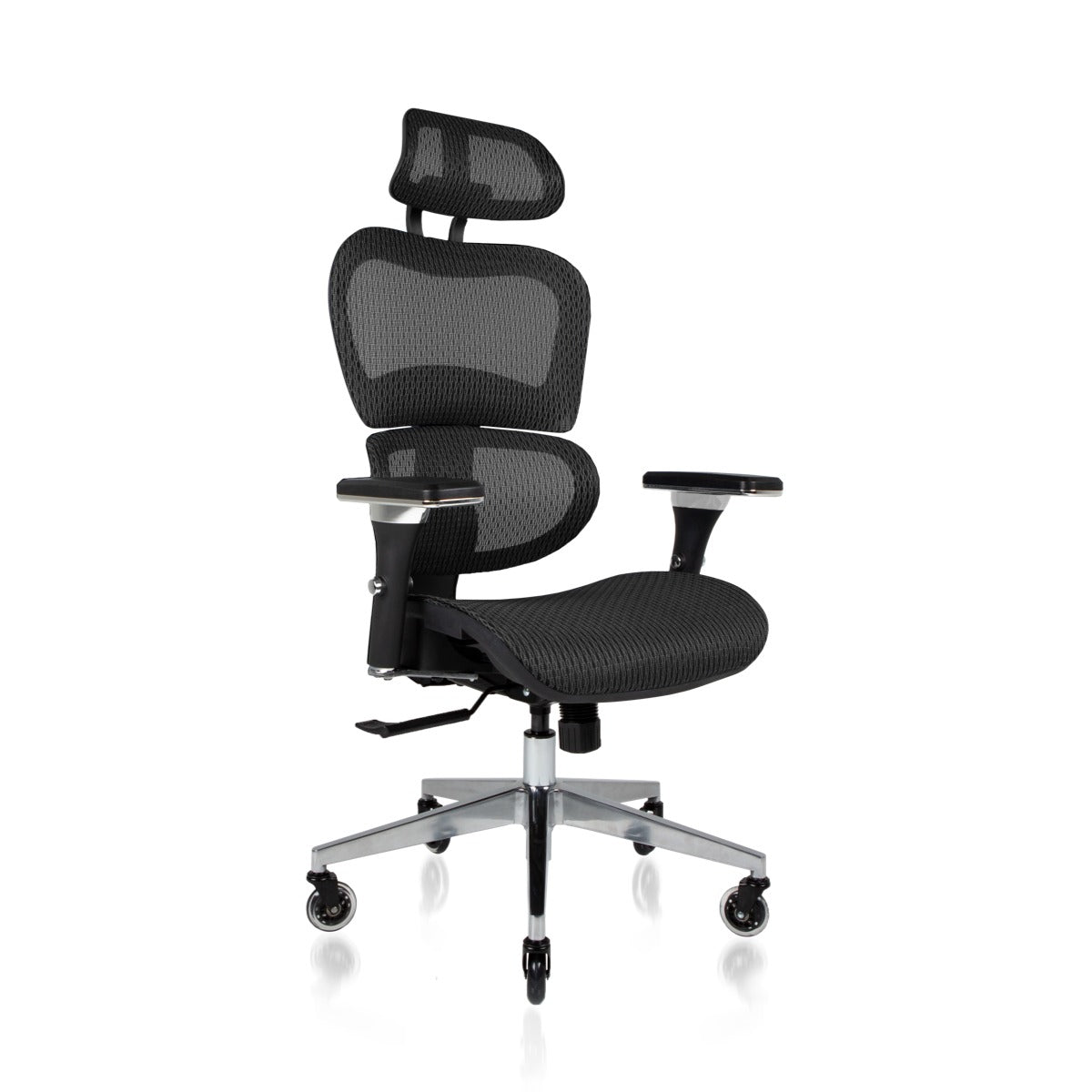 NHO-0001BL-V2,Black ergonomic office chair with headrest on a white background