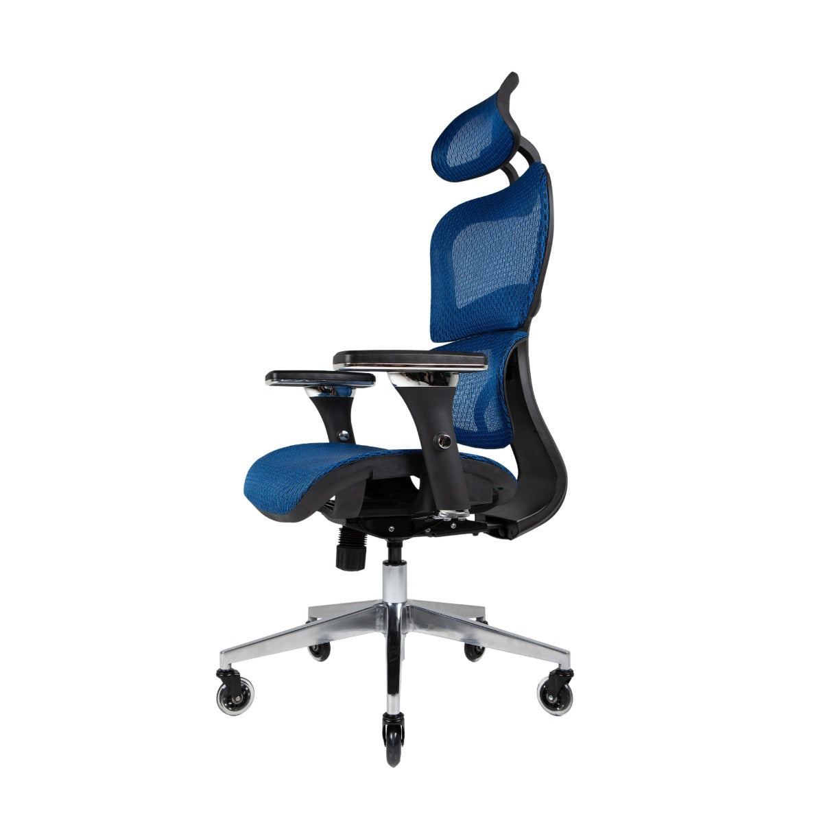 NHO-0001BU-V2, Blue office chair with mesh backrest on a white background
