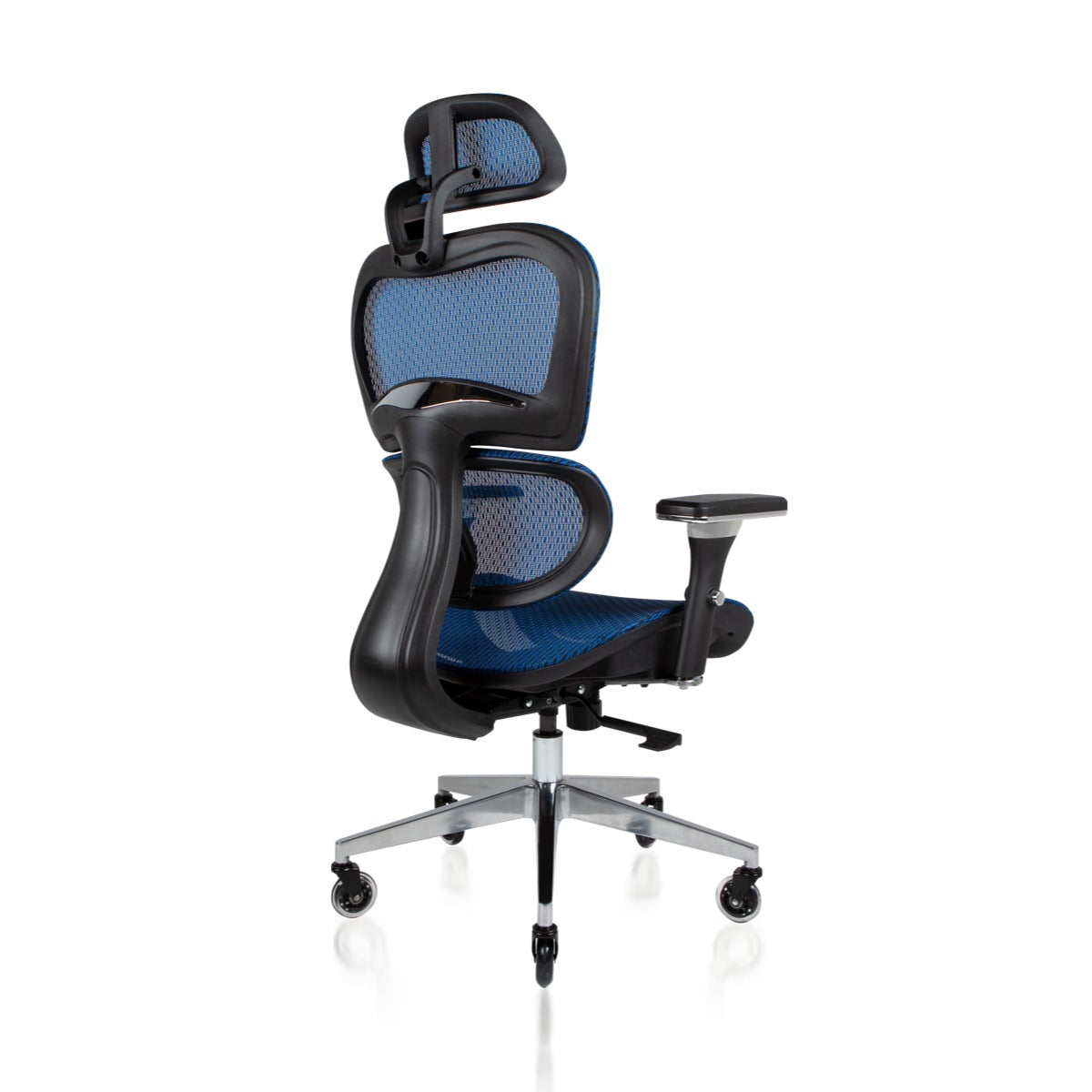 NHO-0001BU-V2,Blue office chair with black mesh backrest on a white background