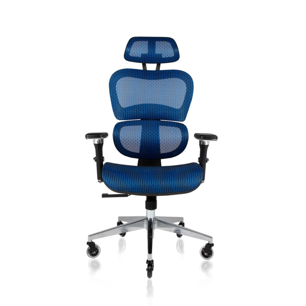 NHO-0001BU-V2,Blue office chair with mesh back and ergonomic design on a white background