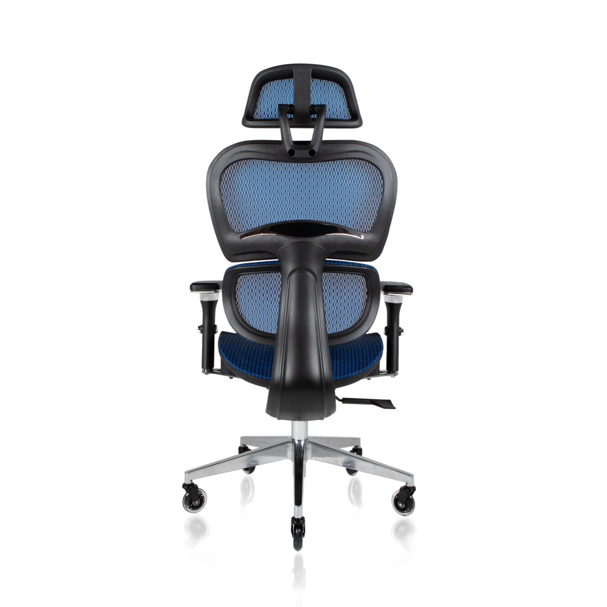 NHO-0001BU-V2,Ergonomic office chair with blue mesh back and seat on a white background