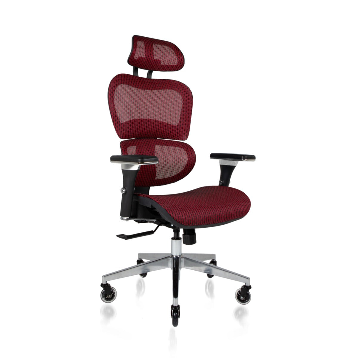 NHO-0001BG-V2,Red office chair with mesh back and adjustable headrest on a white background