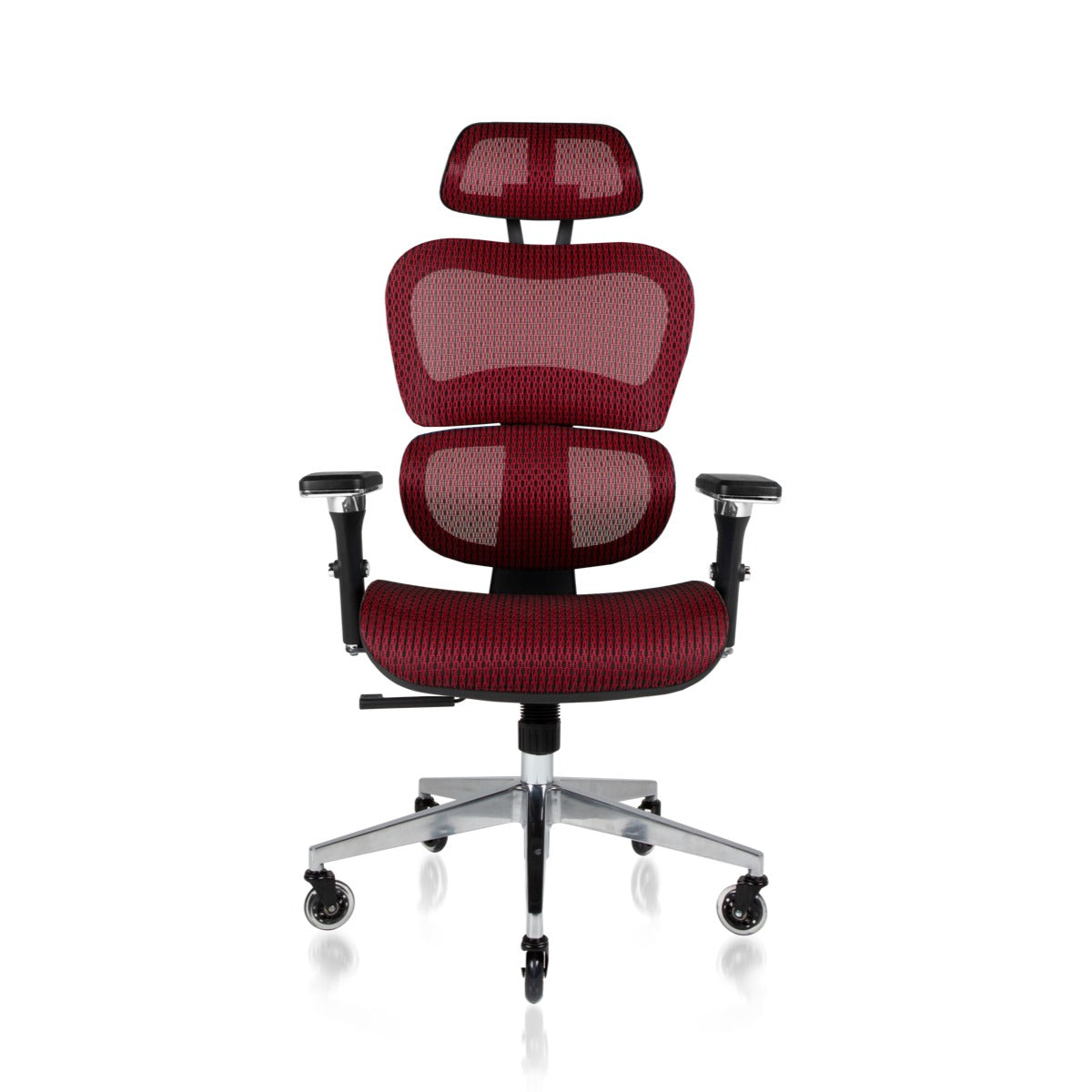 NHO-0001BG-V2,Red office chair with mesh back and headrest on a white background