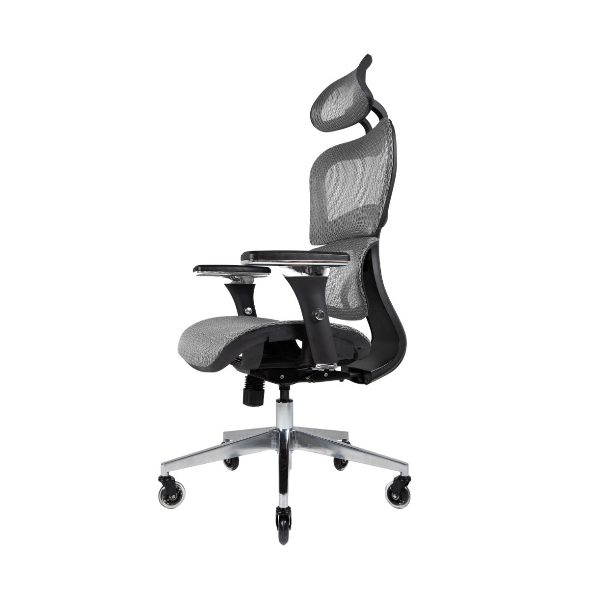 NHO-0001GR-V2, Gray office chair with mesh back and wheels on a white background