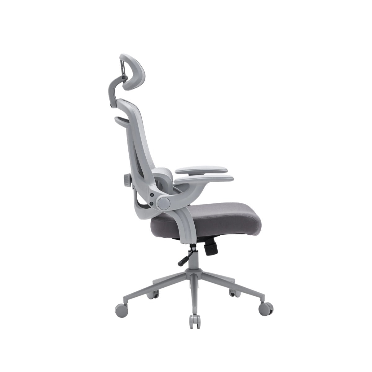 NHO-0013GR,Gray office chair with adjustable headrest on a white background