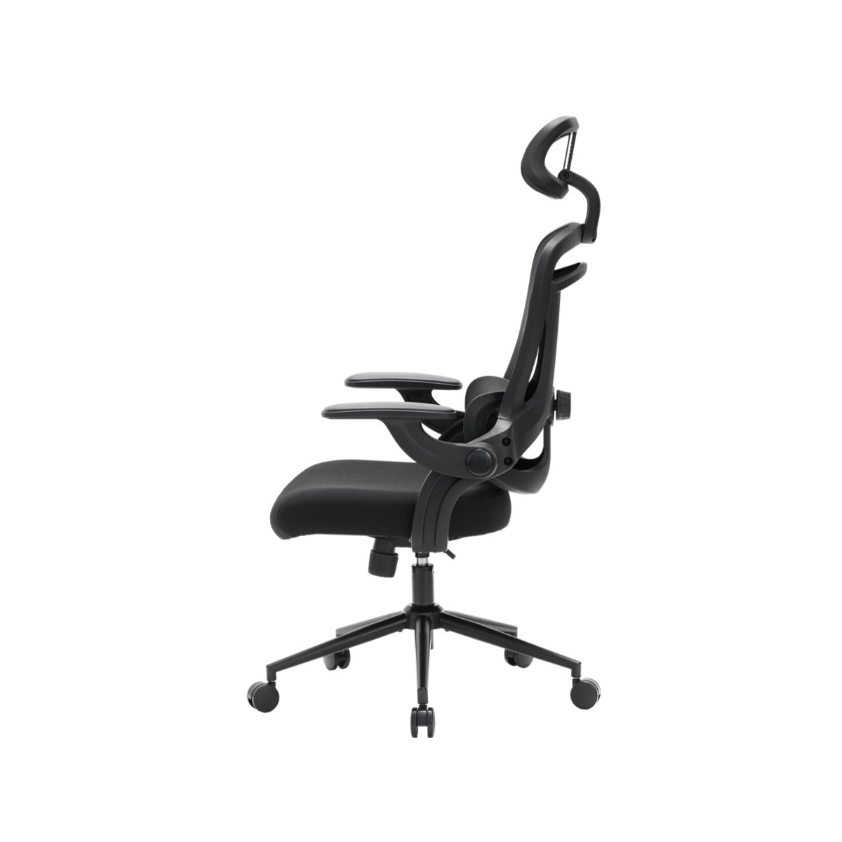 NHO-0013BL,Black office chair with adjustable headrest on a white background