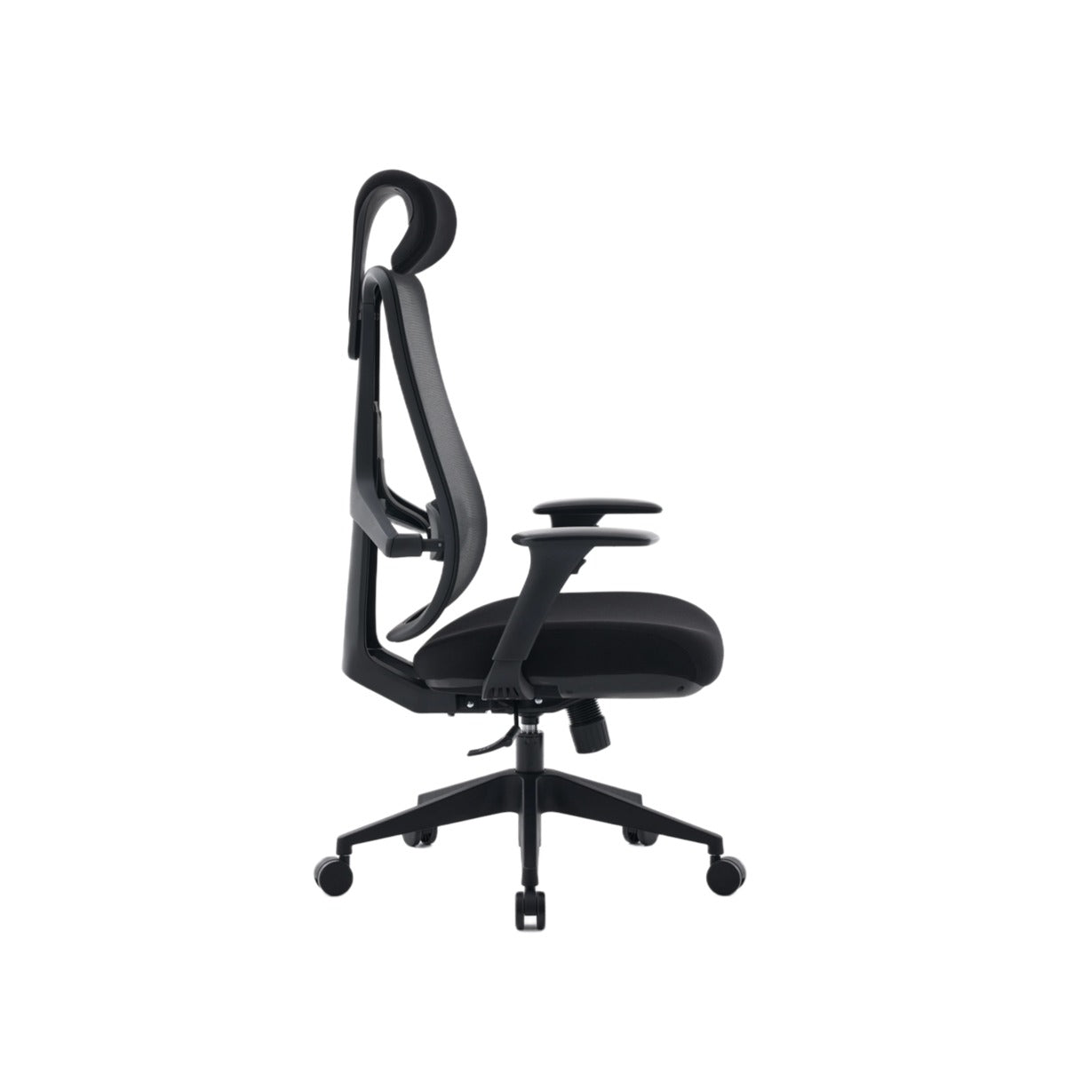 NHO-0024BL,Black office chair with adjustable headrest on a white background
