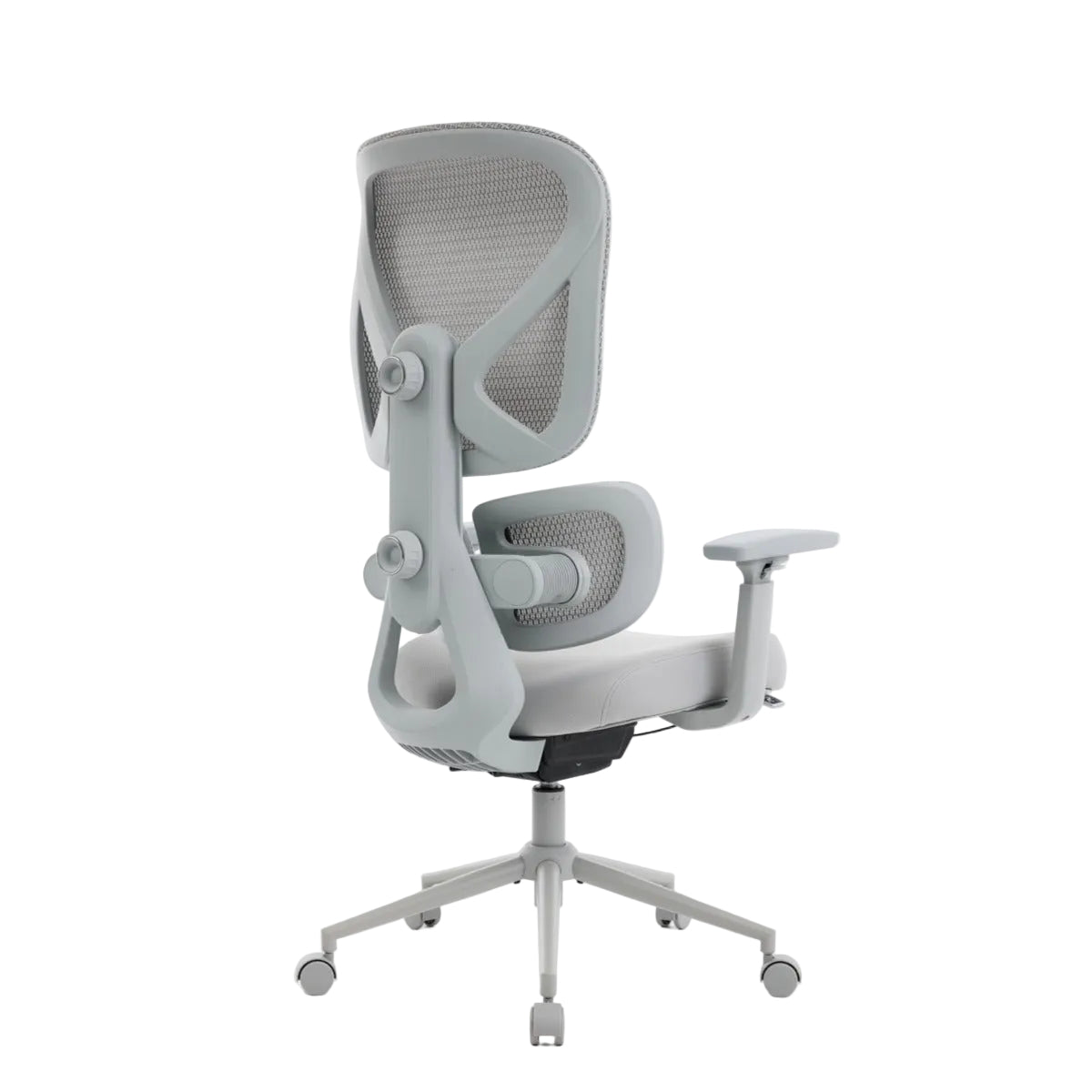 NHO-0023GR,Gray office chair with mesh back and armrests on a white background