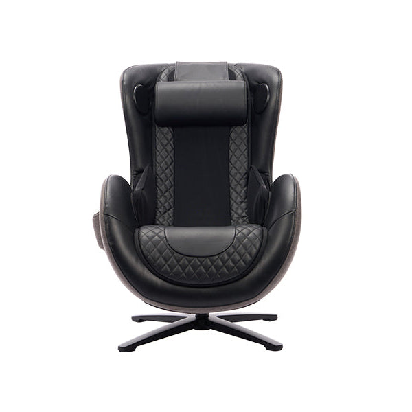 Black leather massage chair with quilted design on a white background