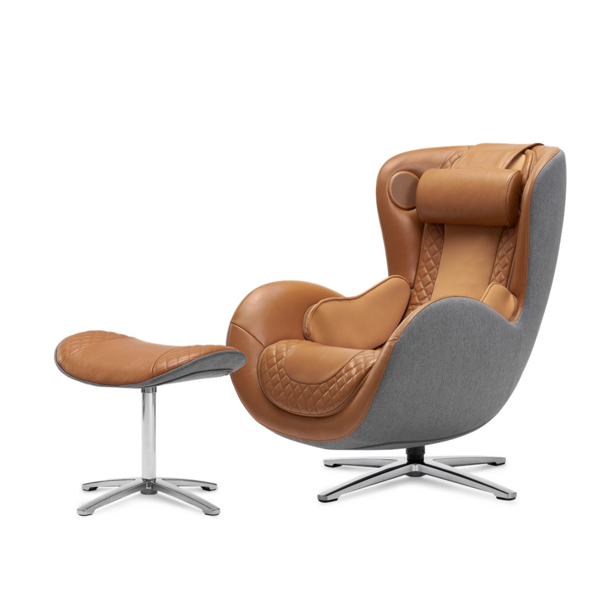 N-0003CR-V2,Brown leather and gray fabric armchair with matching ottoman on a white background