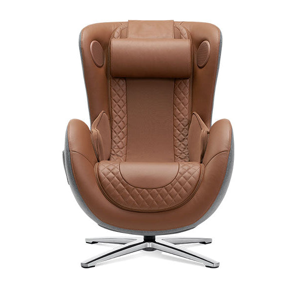Brown leather massage chair with quilted design on a white background