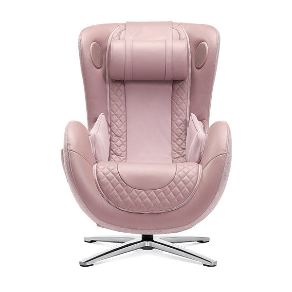 Pink leather massage chairwith quilted design on a white background