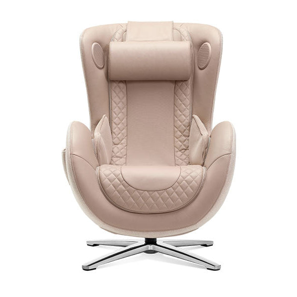 Beige leather massage chair with quilted design on a white background