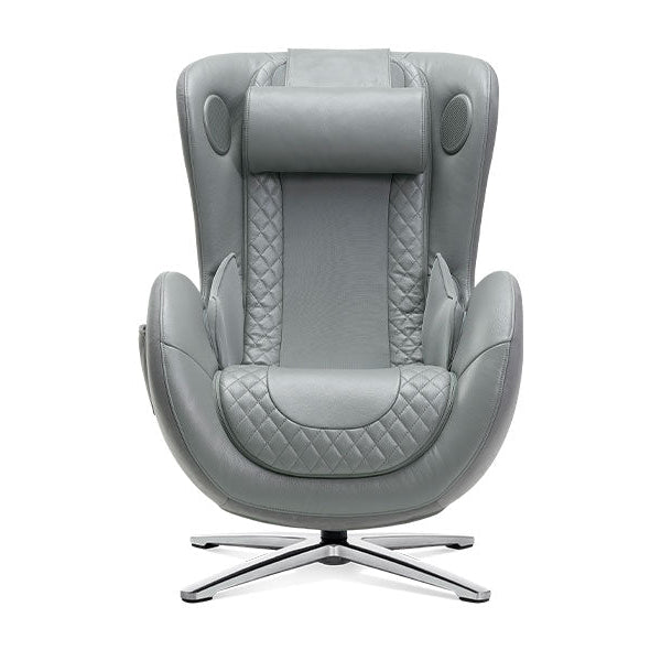 Gray leather massage chair with quilted details on a white background