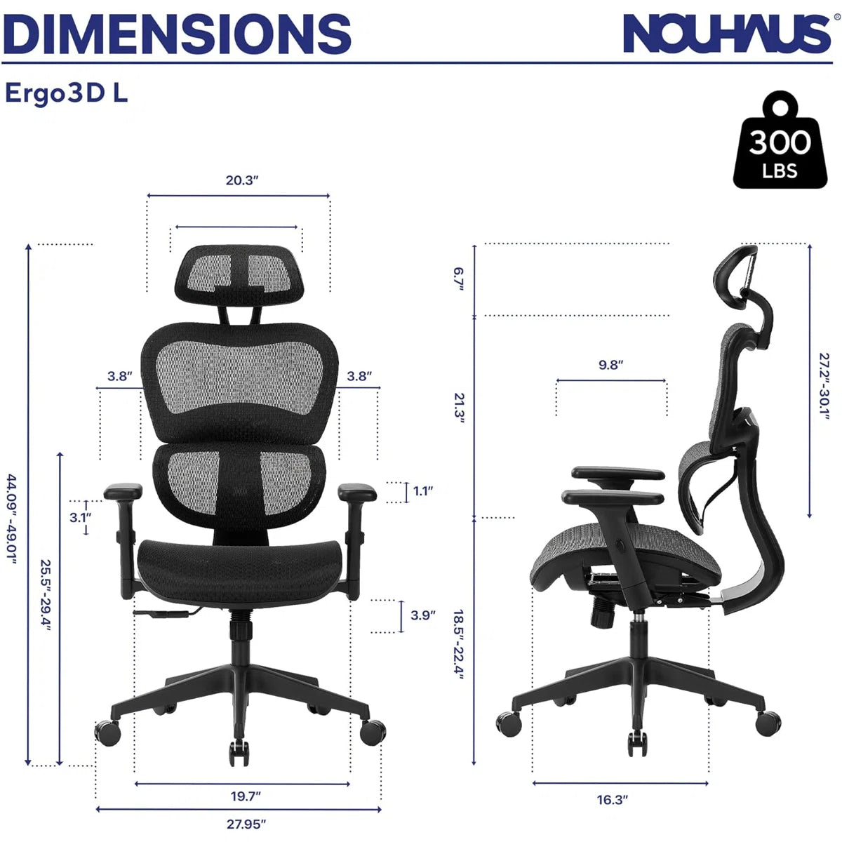 NHO-0001BL-L,Ergonomic chair dimensions with Nouhaus branding on a white background