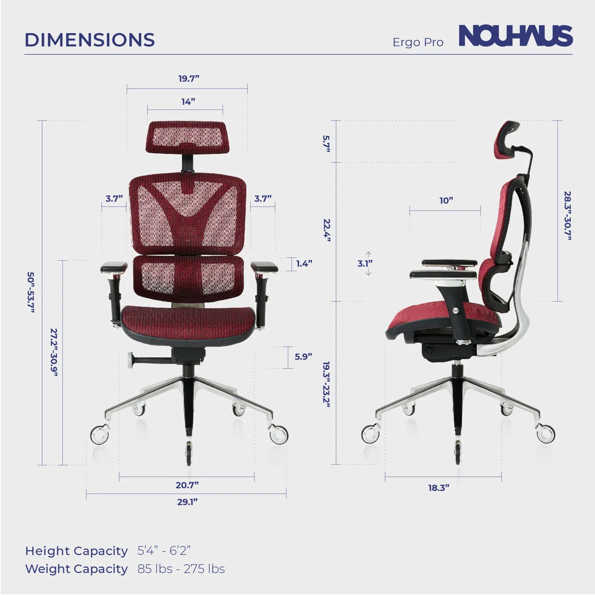 NHO-0005BG,Ergonomic chair dimensions chart for Nouhaus Ergo Pro chair with measurements on a white background.