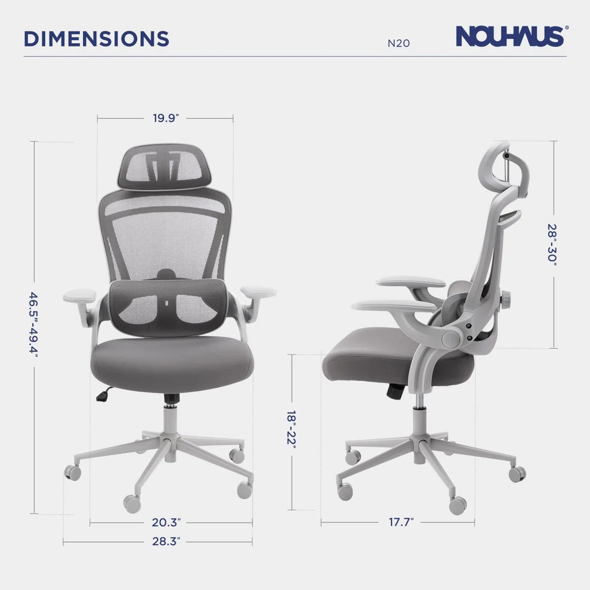 NHO-0013GR,Gray office chair with dimensions labeled on a white background, featuring the Nouhaus brand.