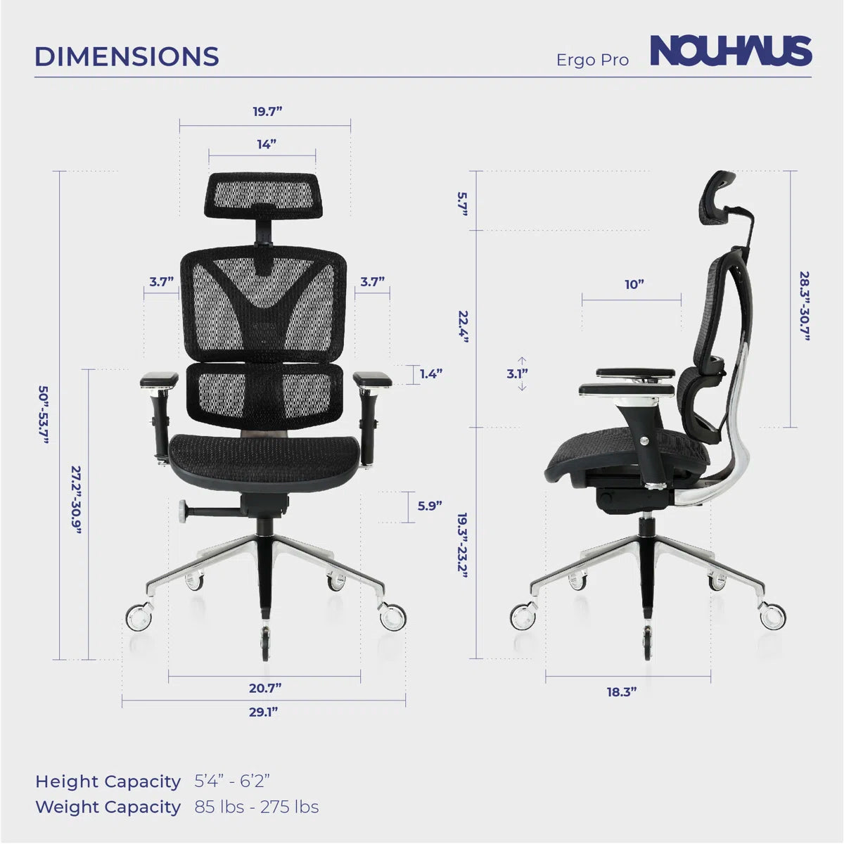 NHO-0005BL,Nouhaus Ergo Pro office chair with dimensions and specifications on a white background